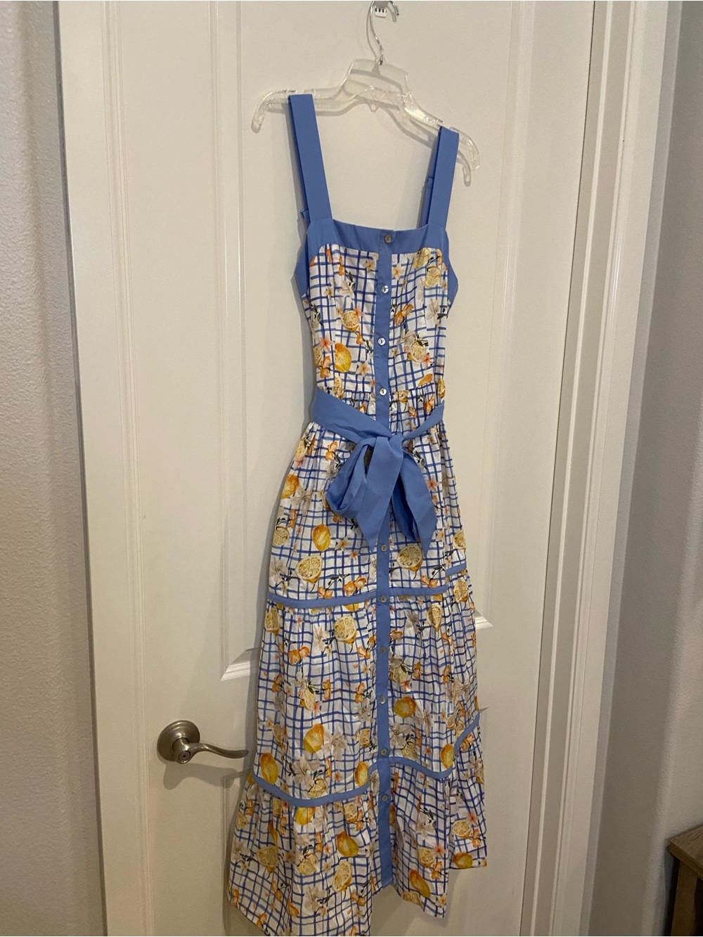 New Blue Gingham Lemon Print Bow Maxi Dress - Picture 2 of 9